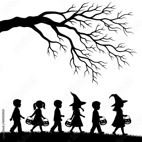 Halloween trick or treat silhouettes festive autumn night spooky tree branch kids