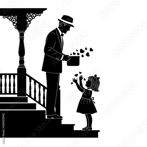 Charming vintage silhouette of father giving flowers to daughter on steps