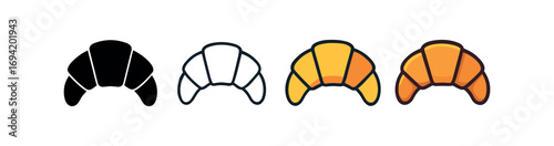 Vector icon croissant bakery same pose same proportions four styles black solid glyph outline minimal flat multicolor filled cartoon flat shaded.