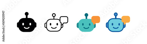 Vector icon AI chatbot same pose same proportions four styles black solid glyph outline minimal flat multicolor filled cartoon flat shaded.