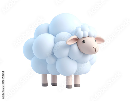Cute 3D cartoon sheep illustration standing, fluffy white wool texture, isolated animal graphic