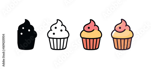 Vector icon cupcake dessert same pose same proportions four styles black solid glyph outline minimal flat multicolor filled cartoon flat shaded.