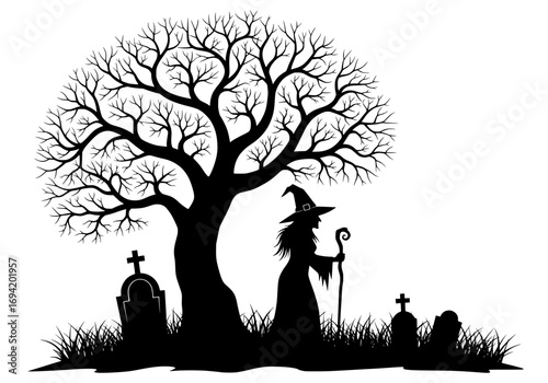 Spooky silhouette halloween scene with witch tree and gravestones for festive decorations