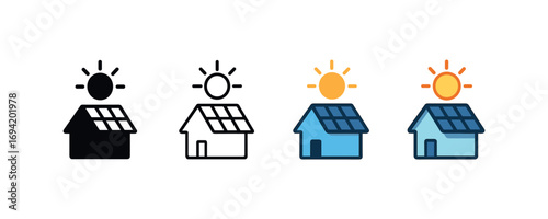Vector icon solar rooftop same pose same proportions four styles black solid glyph outline minimal flat multicolor filled cartoon flat shaded.