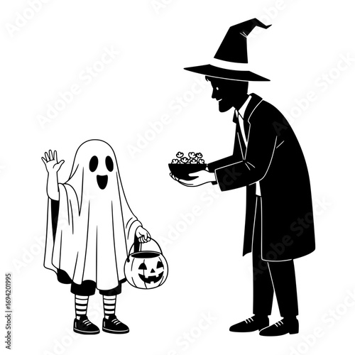Vintage halloween scene witch gives candy to child in ghost costume trick or treating
