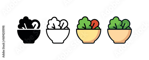 Vector icon salad bowl same pose same proportions four styles black solid glyph outline minimal flat multicolor filled cartoon flat shaded.