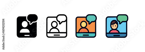 Vector icon video call screen same pose same proportions four styles black solid glyph outline minimal flat multicolor filled cartoon flat shaded.