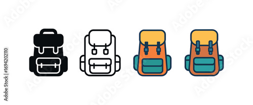 Vector icon camping backpack same pose same proportions four styles black solid glyph outline minimal flat multicolor filled cartoon flat shaded.