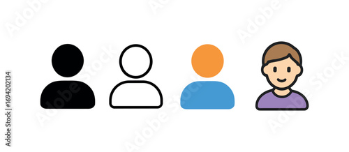 Vector icon user profile avatar same pose same proportions four styles black solid glyph outline minimal flat multicolor filled cartoon flat shaded.
