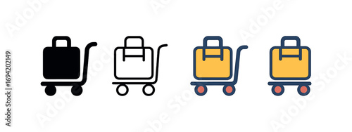 Vector icon luggage trolley same pose same proportions four styles black solid glyph outline minimal flat multicolor filled cartoon flat shaded.