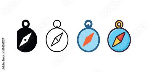 Vector icon compass navigation same pose same proportions four styles black solid glyph outline minimal flat multicolor filled cartoon flat shaded.