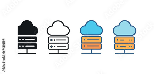 Vector icon cloud server rack same pose same proportions four styles black solid glyph outline minimal flat multicolor filled cartoon flat shaded.