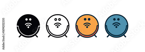 Vector icon robot vacuum cleaner same pose same proportions four styles black solid glyph outline minimal flat multicolor filled cartoon flat shaded.