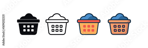 Vector icon laundry basket same pose same proportions four styles black solid glyph outline minimal flat multicolor filled cartoon flat shaded.