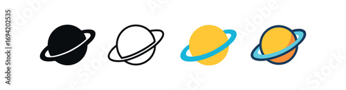 Vector icon planet with rings same pose same proportions four styles black solid glyph outline minimal flat multicolor filled cartoon flat shaded.