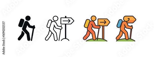 Vector icon hiking trail sign same pose same proportions four styles black solid glyph outline minimal flat multicolor filled cartoon flat shaded.