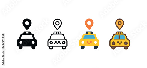 Vector icon ride hailing taxi same pose same proportions four styles black solid glyph outline minimal flat multicolor filled cartoon flat shaded.