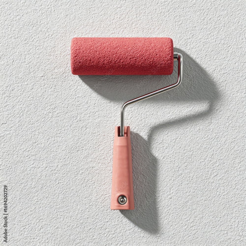 Fototapeta premium Pink paint roller on light gray wall