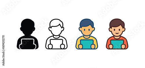 Vector icon student reading tablet same pose same proportions four styles black solid glyph outline minimal flat multicolor filled cartoon flat shaded.