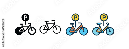 Vector icon public bike rental same pose same proportions four styles black solid glyph outline minimal flat multicolor filled cartoon flat shaded.