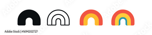 Vector icon rainbow arc same pose same proportions four styles black solid glyph outline minimal flat multicolor filled cartoon flat shaded.