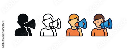 Vector icon influencer megaphone same pose same proportions four styles black solid glyph outline minimal flat multicolor filled cartoon flat shaded.