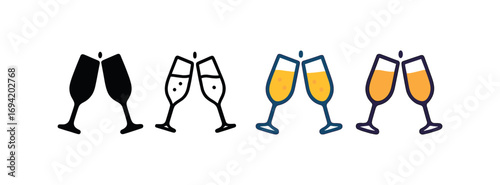 Vector icon champagne glasses same pose same proportions four styles black solid glyph outline minimal flat multicolor filled cartoon flat shaded.