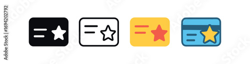 Vector icon loyalty card same pose same proportions four styles black solid glyph outline minimal flat multicolor filled cartoon flat shaded.