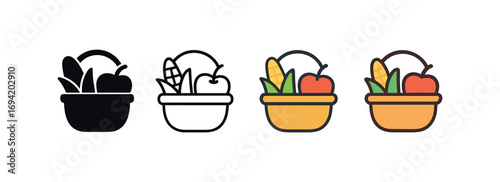 Vector icon autumn harvest basket same pose same proportions four styles black solid glyph outline minimal flat multicolor filled cartoon flat shaded.