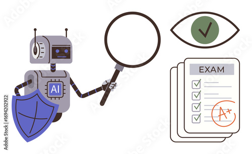 Robot labeled AI holding magnifying glass, shield, and examining graded exams. Eye with checkmark symbolizes verification. Ideal for education, technology, analytics, cybersecurity, automation