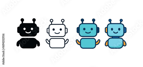 Vector icon AI chatbot same pose same proportions four styles black solid glyph outline minimal flat multicolor filled cartoon flat shaded.