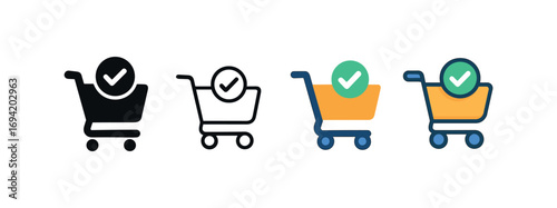 Vector icon online shopping cart checkout same pose same proportions four styles black solid glyph outline minimal flat multicolor filled cartoon flat shaded.