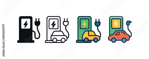 Vector icon electric car charging station same pose same proportions four styles black solid glyph outline minimal flat multicolor filled cartoon flat shaded.
