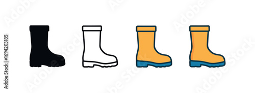 Vector icon rubber boots pair same pose same proportions four styles black solid glyph outline minimal flat multicolor filled cartoon flat shaded.