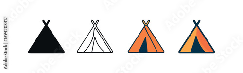 Vector icon tent camping same pose same proportions four styles black solid glyph outline minimal flat multicolor filled cartoon flat shaded.