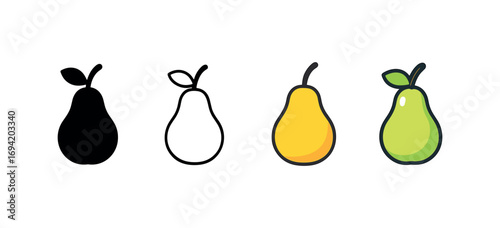 Vector icon pear fruit same pose same proportions four styles black solid glyph outline minimal flat multicolor filled cartoon flat shaded.