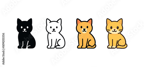 Vector icon cat sitting same pose same proportions four styles black solid glyph outline minimal flat multicolor filled cartoon flat shaded.
