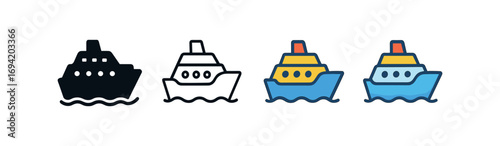 Vector icon cruise ship travel same pose same proportions four styles black solid glyph outline minimal flat multicolor filled cartoon flat shaded.