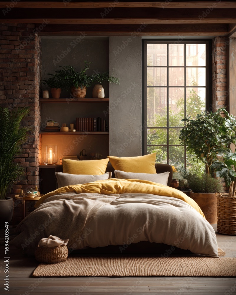 Fototapeta premium Bedroom interior with neatly made bed, mustard yellow blanket, beige bedding, indoor plants and brick wall near large window.