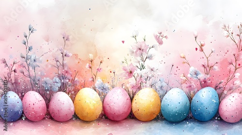 Colorful Easter eggs arranged beautifully with flowers in a pastel background creating a festive atmosphere