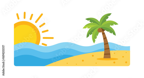 Cartoon tropical beach scene with sun, sea waves, and palm tree illustration conjuring a sense of relaxation and vacation getaway illustration