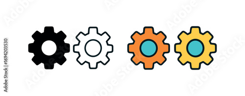 Vector icon settings gear same pose same proportions four styles black solid glyph outline minimal flat multicolor filled cartoon flat shaded.
