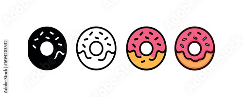 Vector icon donut same pose same proportions four styles black solid glyph outline minimal flat multicolor filled cartoon flat shaded.