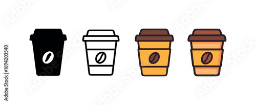 Vector icon coffee cup to same pose same proportions four styles black solid glyph outline minimal flat multicolor filled cartoon flat shaded.