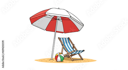 Tranquil beach getaway illustration featuring a striped beach chair, vibrant ball, and sheltering umbrella evoking summer relaxation