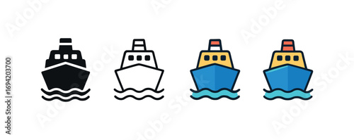 Vector icon cruise ship same pose same proportions four styles black solid glyph outline minimal flat multicolor filled cartoon flat shaded.