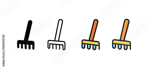Vector icon rake tool same pose same proportions four styles black solid glyph outline minimal flat multicolor filled cartoon flat shaded.