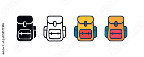 Vector icon hiking backpack same pose same proportions four styles black solid glyph outline minimal flat multicolor filled cartoon flat shaded.