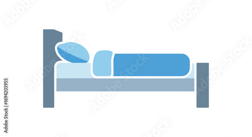 Stylized minimalist vector illustration of a simple bed with blue bedding against a white background ideal for relaxation themes