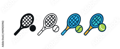 Vector icon tennis racket ball same pose same proportions four styles black solid glyph outline minimal flat multicolor filled cartoon flat shaded.